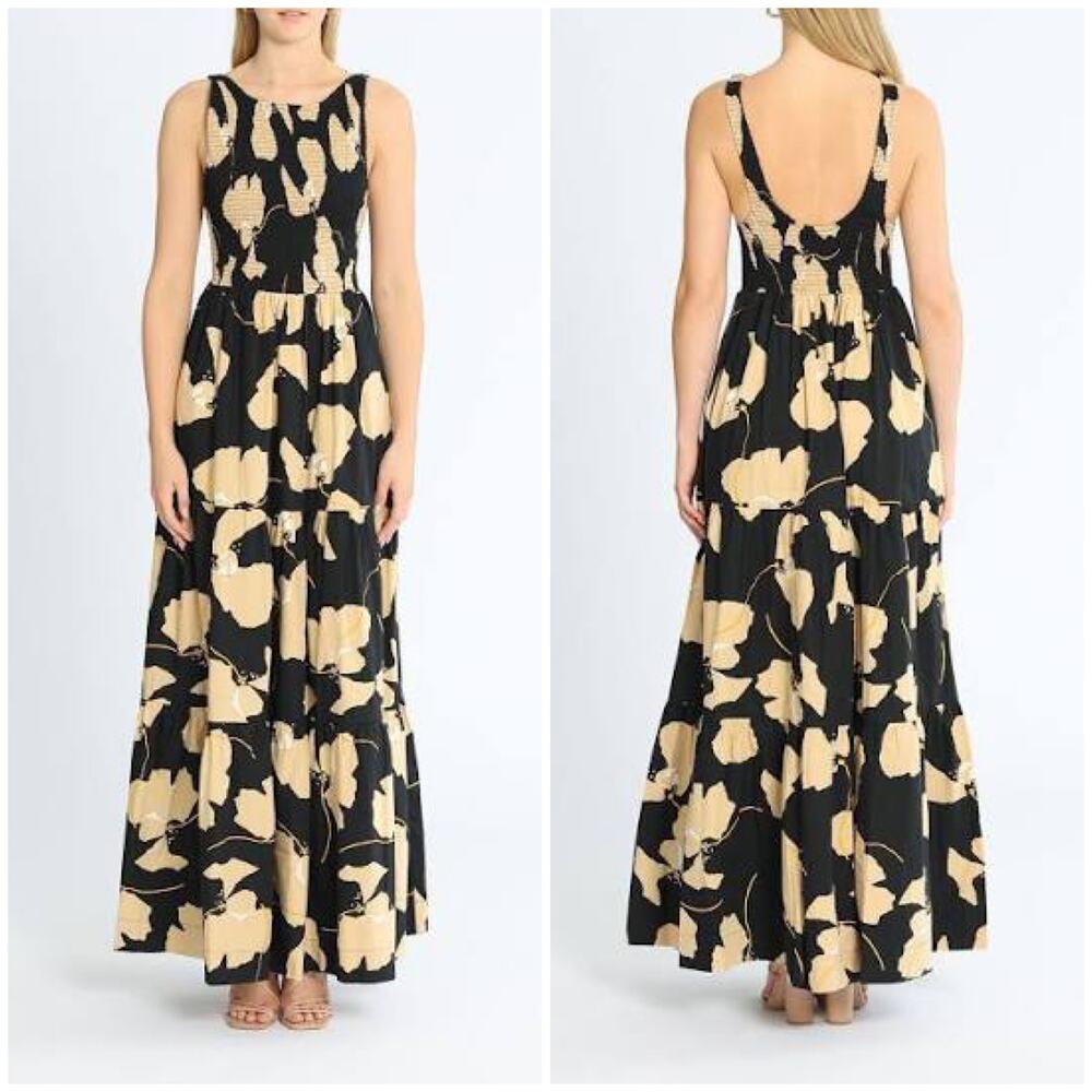 S/W/F Hire Low Back Shirred Maxi Dress Black Beige Floral
